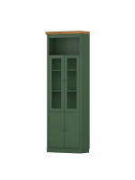 Estante alta com 2,20m para biblioteca com porta de vidro e porta de madeira na cor verde com detalhe em cera | coleção biblioteca